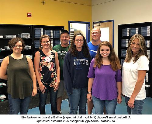 Landmark College student Jenna Pavucek (2nd from left, wearing purple) posing for a group shot with her co-workers at Chroma Technology during her 2019 Summer Internship